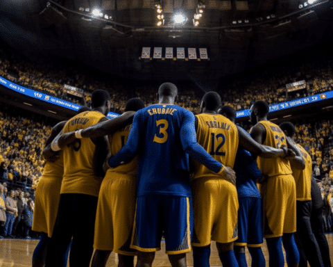 The Golden State Warriors, a dominant force in the NBA, celebrating their victory on the basketball court