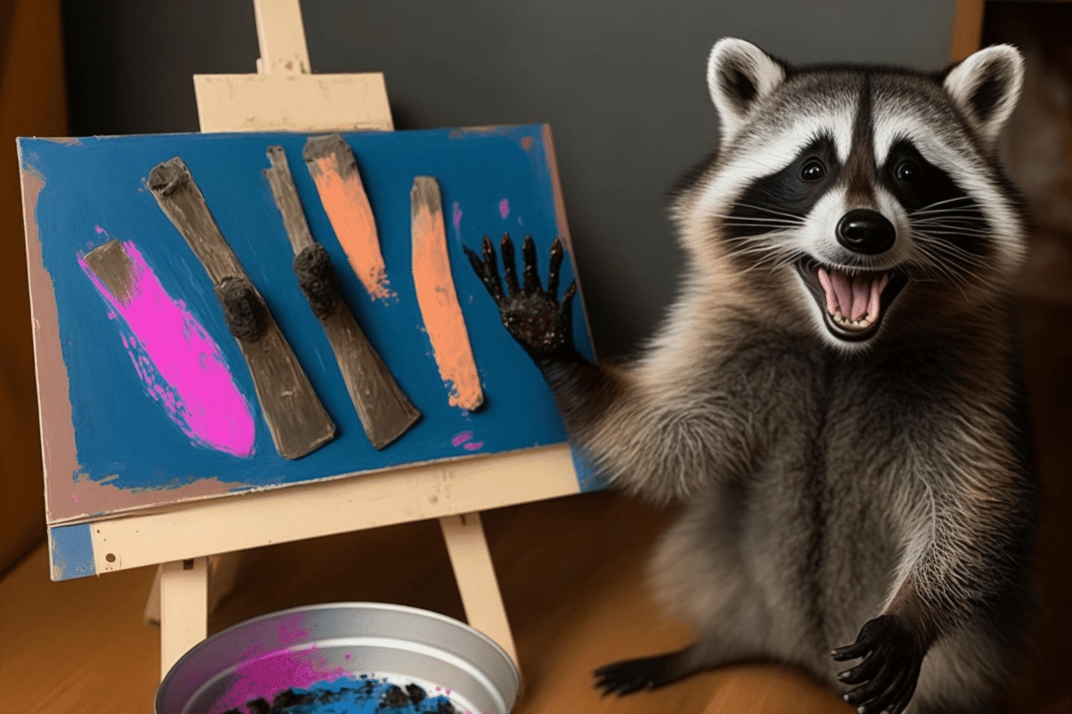 joyful-raccoon-artists-showcase-their-paintings,-and-their-delight-is-contagious